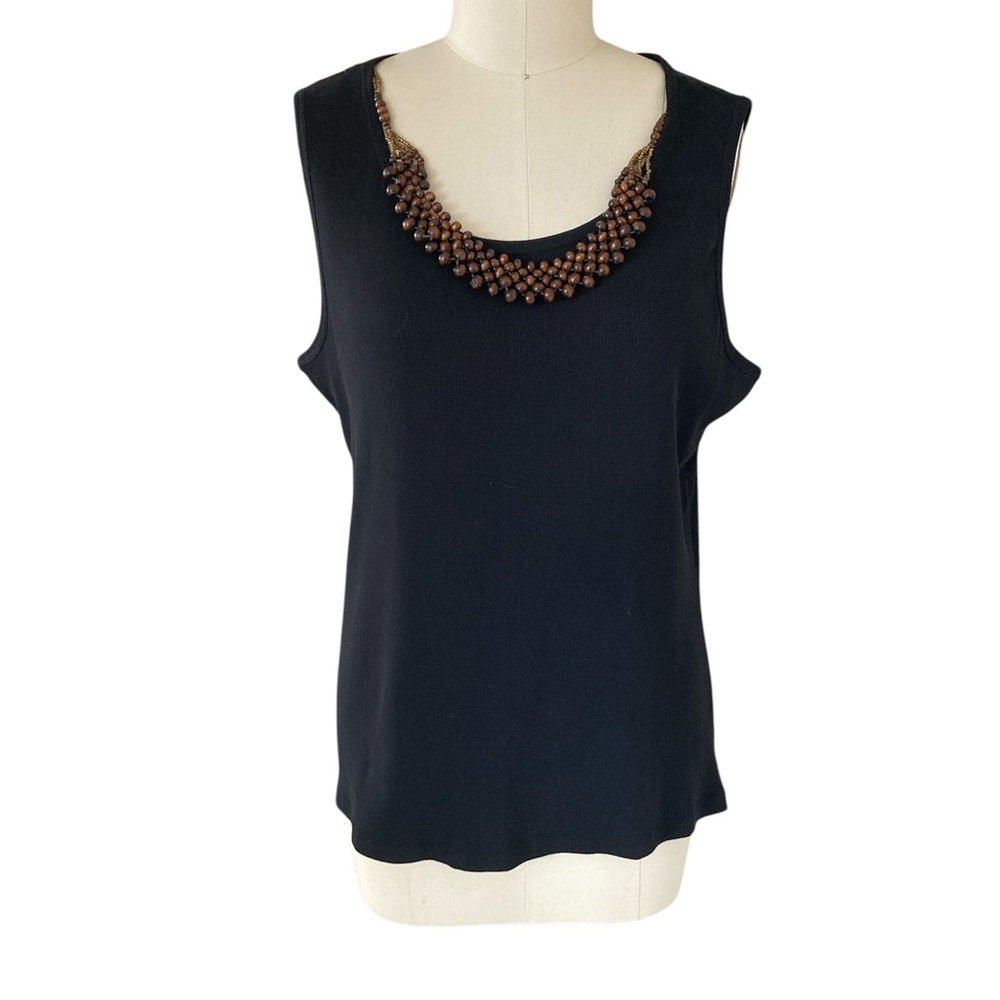 Style & Co. Black Ribbed Tank Top w/ Removable wood bib necklace